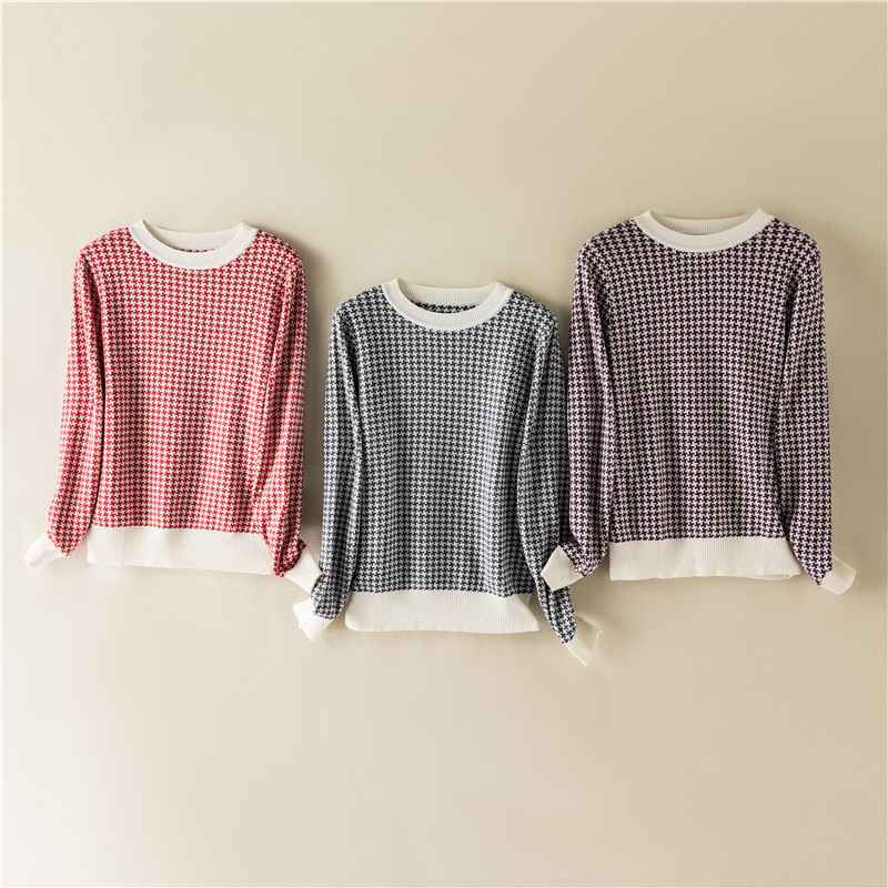 真丝羊肉套头圆领针织毛衣女