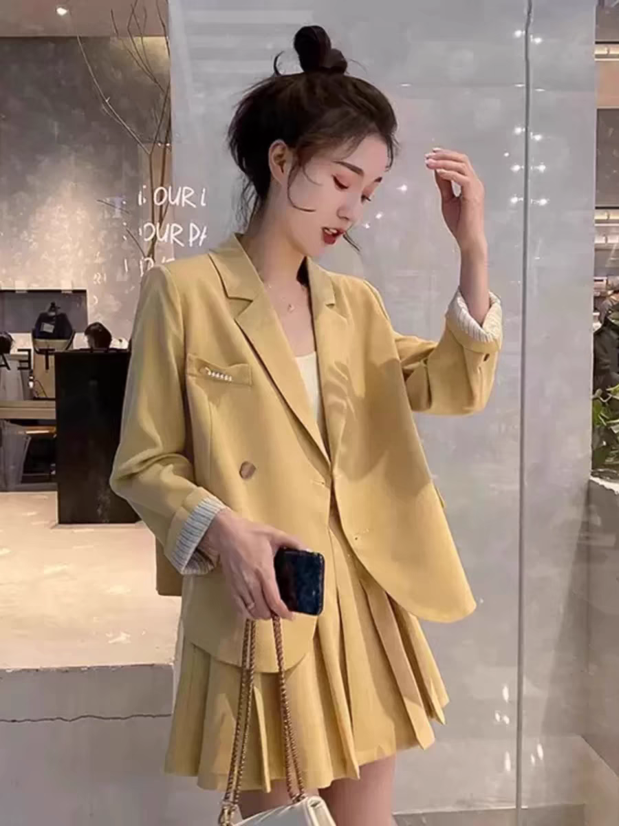 韩版初春翻领单排扣西装外套高腰显瘦百褶裙学院风小个子两件套装