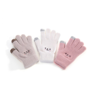露指触屏卡通手套成人胶印可爱表情分指手套卷毛保暖防滑手套