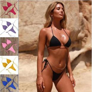 女 泳衣套装 欧美挂脖系带比基尼泳衣性感带胸垫分体泳装 绑带三点式