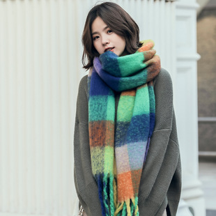 秋冬欧美拼色AC仿羊绒粗流苏围巾彩虹格子马海毛保暖女学生加