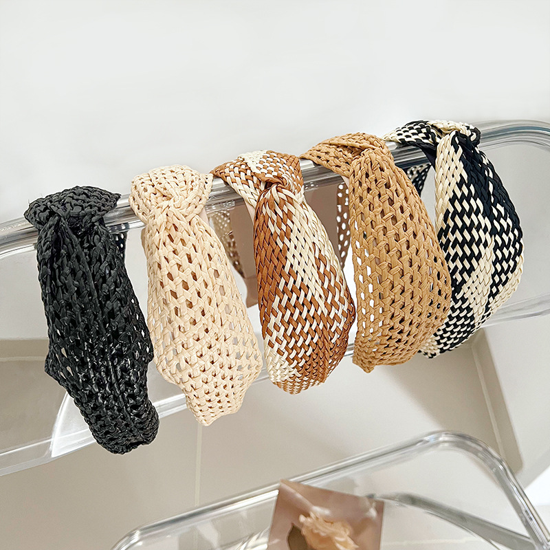 波西米亚风草编交叉时尚宽显脸小发箍扭结编织网状外出发饰发捆女