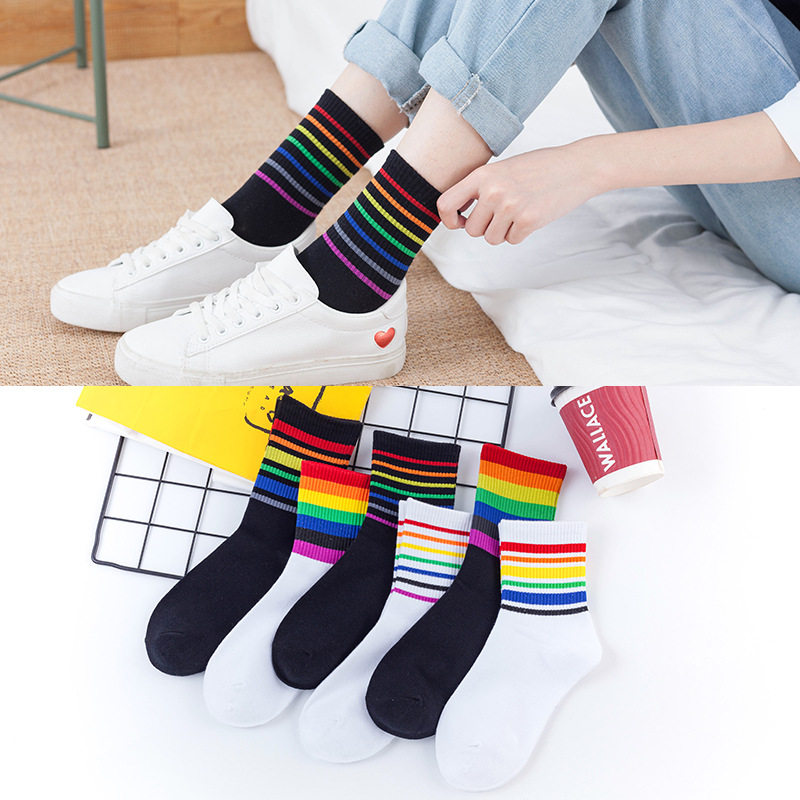 潮流新款条纹彩虹袜 女士舒适透气中筒袜 棉时尚休闲糖果袜