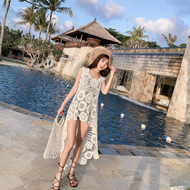 设计感蕾丝镂空连衣裙夏季外穿棉质吊带背心裙罩衫纯欲长款裙子女