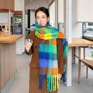 AC保暖彩虹色格子长款欧美围巾秋冬保暖软糯马海毛围脖围巾
