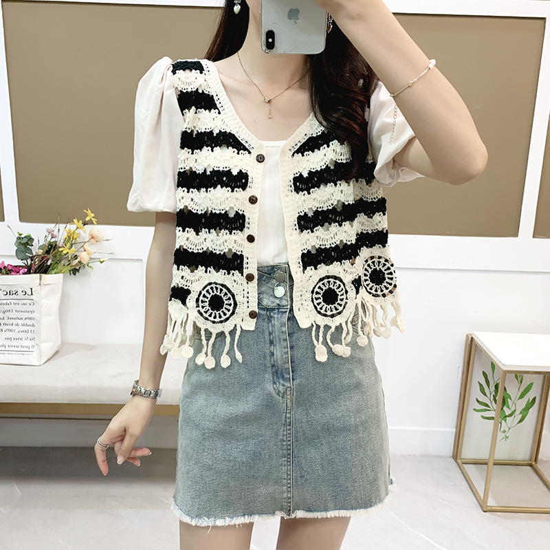 法式设计感流苏镂空针织拼接泡泡袖短袖衬衫女夏季小个子短款上衣