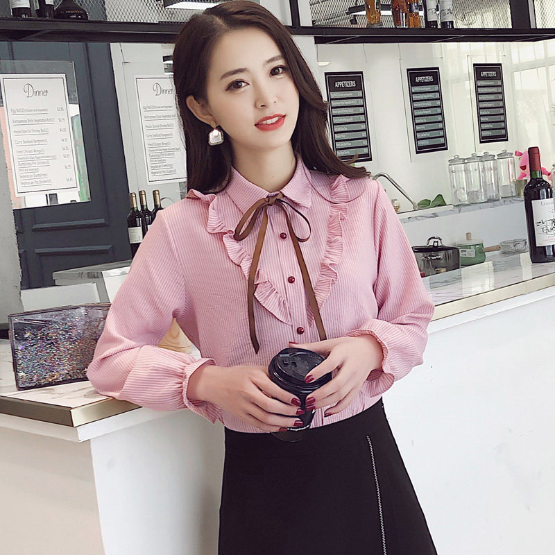 蝴蝶結系帶條紋襯衫女長袖2019春秋新款韓版V字波浪花邊飄帶襯衣在類目 女裝/女士精品, 襯衫中 - 來自Buy2taobao.com提供專業的淘寶代購服務