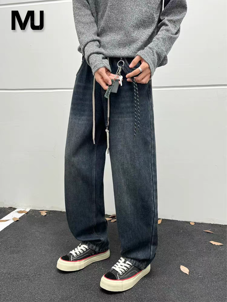 美式复古水洗牛仔裤男2025春季潮牌宽松弯刀裤男款抽绳松紧直筒裤