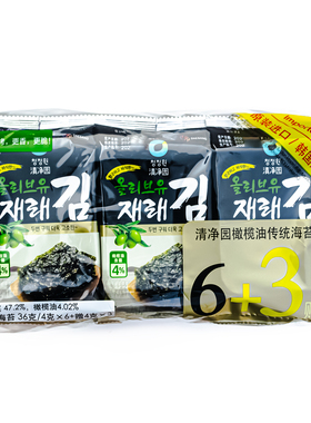 韩国清净园橄榄油传统海苔 即食海苔 36g（4.gx6+赠4gx3）