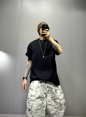 黑色简约oversize扩版T重磅纯棉短袖t恤男潮牌宽松廓形半袖体恤衫