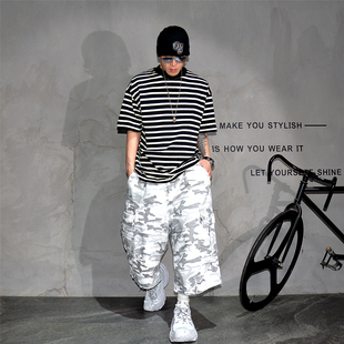 日系黑白条纹宽松重磅短袖t恤男潮牌oversize廓形溜肩半袖T恤衫夏