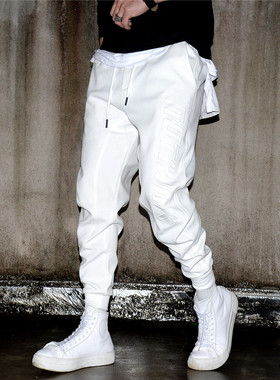 白色字母印花微跨束脚运动裤春秋季潮流哈伦九分小脚休闲裤卫裤男