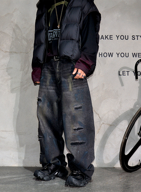 黑色创意小众涂鸦破洞阔腿牛仔裤男潮牌vibe高街痞帅宽松直筒长裤