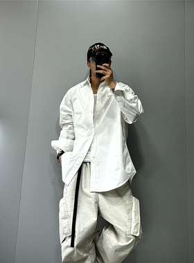 oversize落肩廓形圆下摆痞帅长袖衬衫男潮牌OOTD纯棉宽松白色衬衣