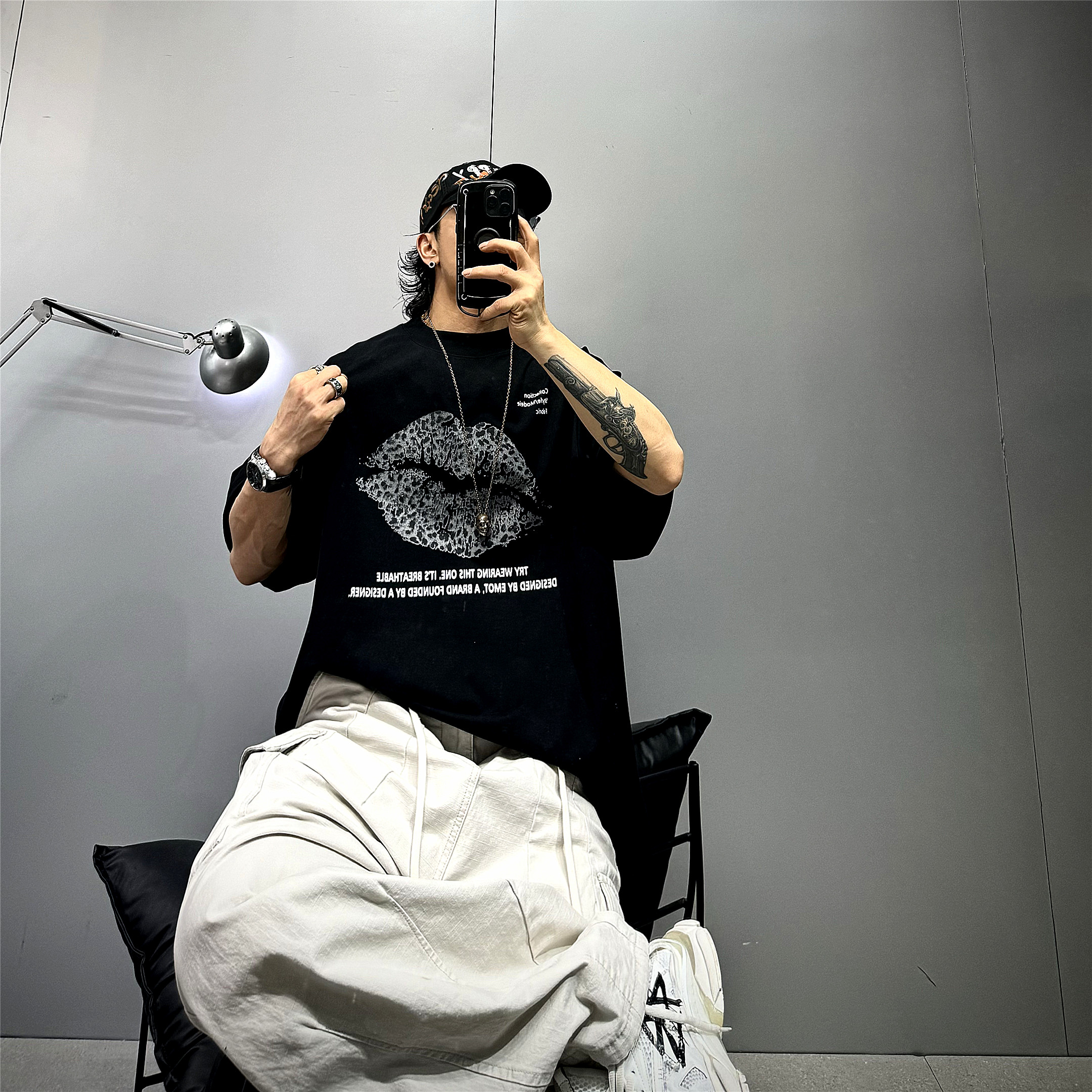 黑色潮牌豹纹嘴唇印花短袖T恤男350g重磅纯棉宽松oversize阔版t恤
