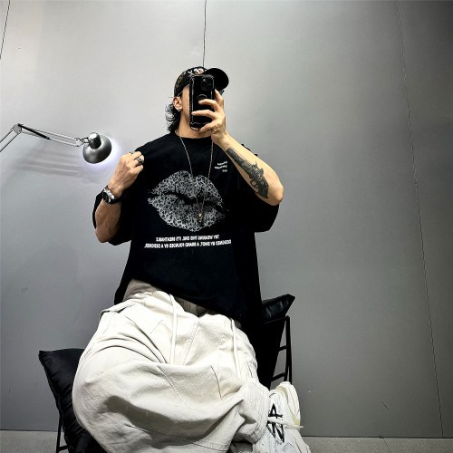 黑色豹纹嘴唇印花t重磅纯棉潮牌T