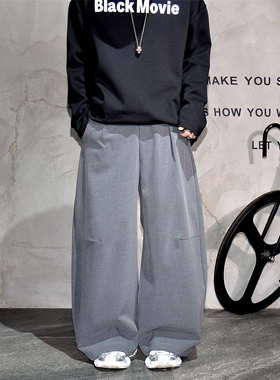 cleanfit小众灰色大弯刀垂感休闲西裤男潮牌高级感阔腿拖地长裤子