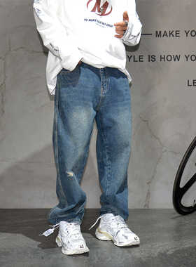 美式复古深蓝色水洗宽松直筒牛仔裤男街头潮流简约大码休闲长裤子