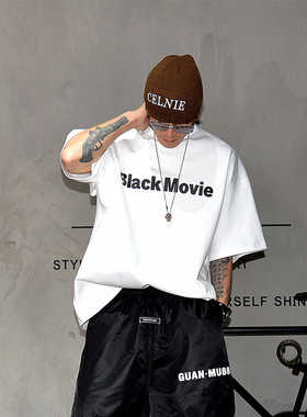 oversize潮牌宽松简约字母短袖男重磅扩版溜肩半袖T挺阔中袖t恤衫