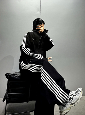 黑色五条杠运动套装男潮牌痞帅短阔版休闲卫衣开衫运动健身阔腿裤