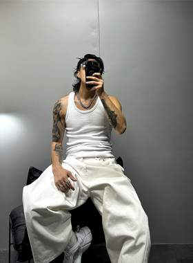 vintage白色重磅高品质休闲无袖t恤男潮牌痞帅百搭修身打底汗背心