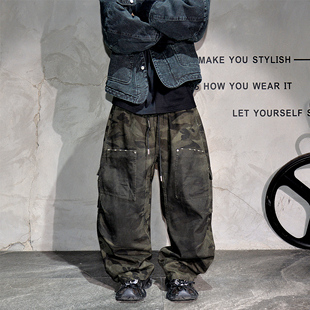 加绒加厚痞帅阔腿裤 男潮牌宽松弯刀休闲裤 裤 vibe废土脏洗迷彩工装