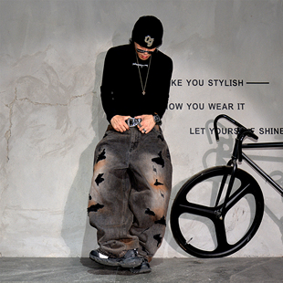 拖地长裤 vintage小众美式 潮牌阔腿大码 男 子 脏洗废土风破洞牛仔裤