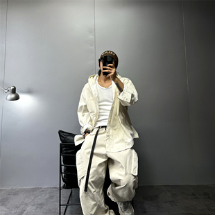 衬衣 vintage美式 男oversize宽松痞帅工装 衬衫 潮 复古做旧连帽长袖