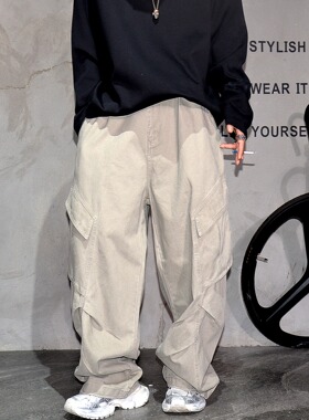 美式复古褶皱多口袋阔腿工装伞兵裤男潮牌痞帅宽松拖地弯刀休闲裤