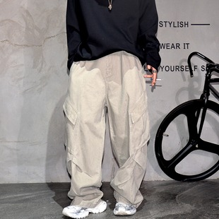 美式复古褶皱多口袋阔腿工装伞兵裤男潮牌痞帅宽松拖地弯刀休闲裤