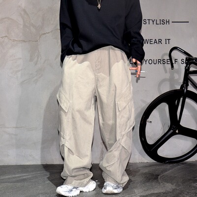 美式复古褶皱阔腿弯刀工装长裤子