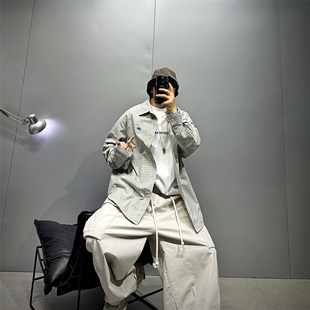 oversize廓形痞帅休闲纯棉格子衬衫套装男潮牌宽松圆下摆长袖衬衣