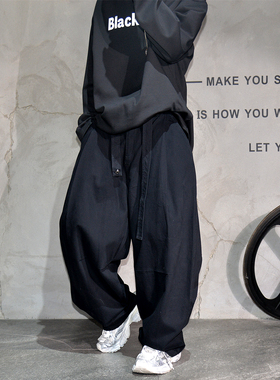 黑色宽松阔腿直筒休闲裤男日系慵懒风松弛感长裤子潮牌痞帅弯刀裤