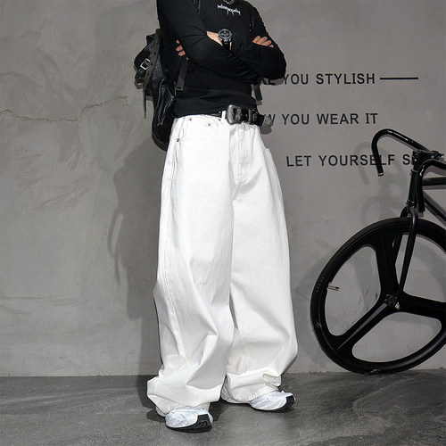 vibe美式重磅纯棉白色阔腿牛仔裤