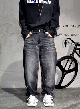 美式复古做旧水洗阔腿休闲风牛仔裤男潮牌宽松黑色百搭直筒长裤子