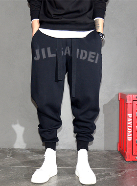 美式高街飘带宽松型束脚运动卫裤男士潮流黑色百搭新款哈伦休闲裤