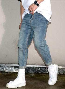 美式复古蓝色做旧弹力修身显瘦小脚牛仔裤男士潮流百搭简约九分裤