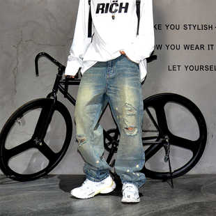 堆叠感显瘦直筒长裤 男宽松大码 潮 高街vibe做旧废土破洞牛仔裤 美式