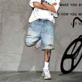 潮牌破洞牛仔短裤 男复古做旧泼漆刮烂乞丐五分裤 宽松大码 美式 中裤