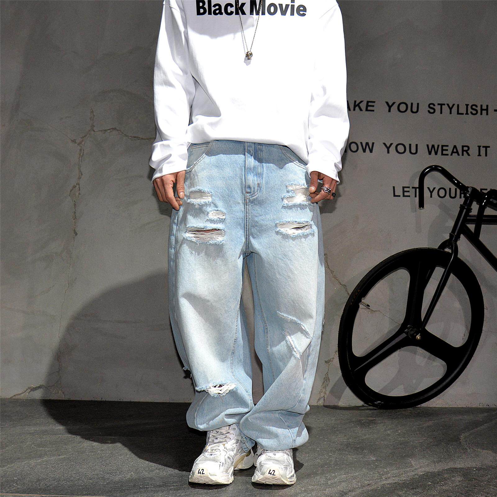 vibe潮牌痞帅浅蓝色阔腿破洞牛仔裤男美式街头宽松直筒裤大码长裤