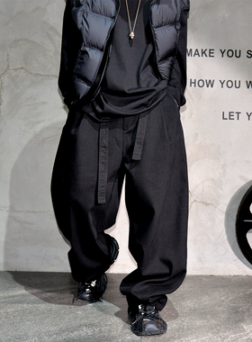 黑色阔腿弯刀休闲裤男日系简约宽松长裤子潮牌纯色百搭廓形韩版裤