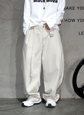 黑色百搭纯棉阔腿弯刀裤男日系潮牌宽松老钱风休闲裤松弛感拖地裤