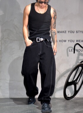 秋冬黑色阔腿弯刀牛仔裤男潮牌hiphop痞帅宽松廓形直筒裤vibe长裤