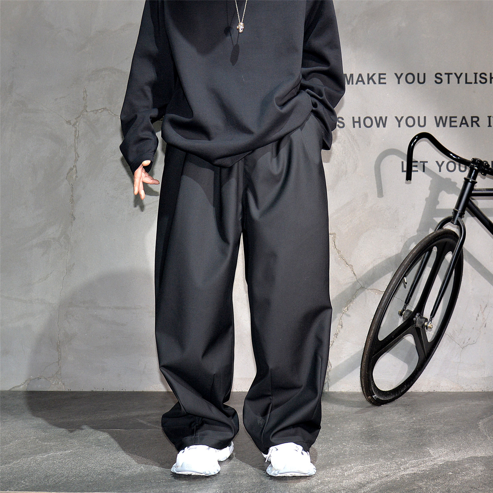 国潮小众垂坠感黑色阔腿休闲西裤男潮牌日系廓形松紧腰拖地长裤子,男装,休闲裤,淘宝优惠券,粉丝福利购,淘宝优惠卷