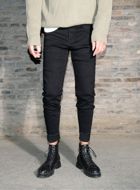 黑色光板修身小脚牛仔裤男显瘦弹力铅笔裤流行裤脚切边百搭九分裤