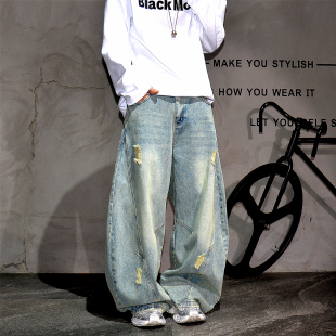 男潮牌vibe痞帅宽松阔腿拖地长裤 美式 复古水洗做旧廓形弯刀牛仔裤