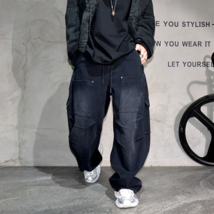 男黑色加绒加厚休闲长裤 宽松阔腿弯刀裤 裤 vibe废土脏洗多口袋工装