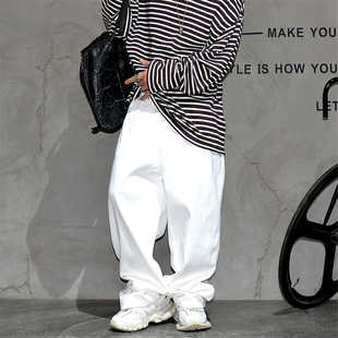 小众巴家潮牌廓腿老爹裤 白色牛仔裤 男vibe炸街直筒堆叠感长裤