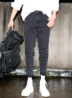黑灰色简约修身小脚牛仔裤男士百搭纯色显瘦铅笔裤弹力锥形九分裤