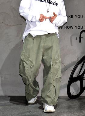 vintage潮牌复古军绿色阔腿弯刀休闲裤男 宽松褶皱多袋工装拖地裤